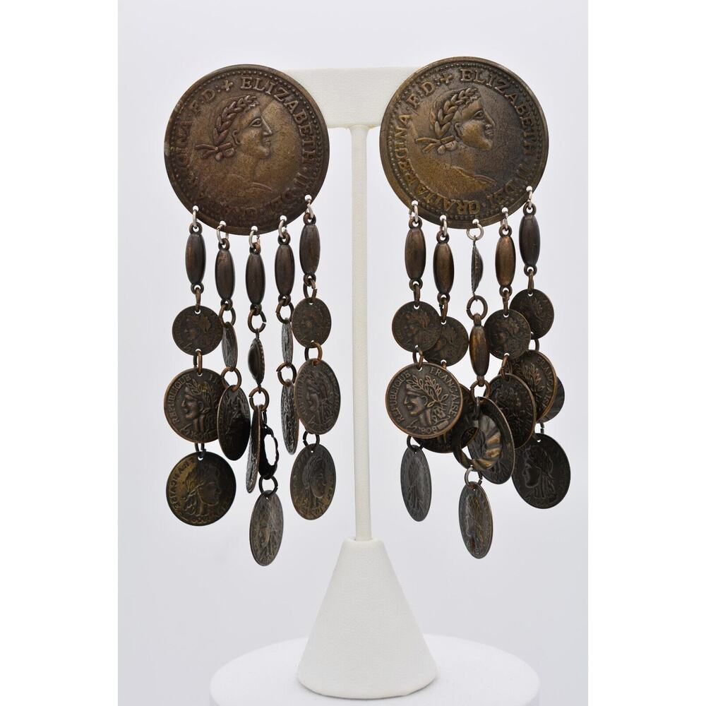 Vintage Coin Shaker Earrings Chandelier Brass Tone Elizabeth Chunky Dangle Bin4